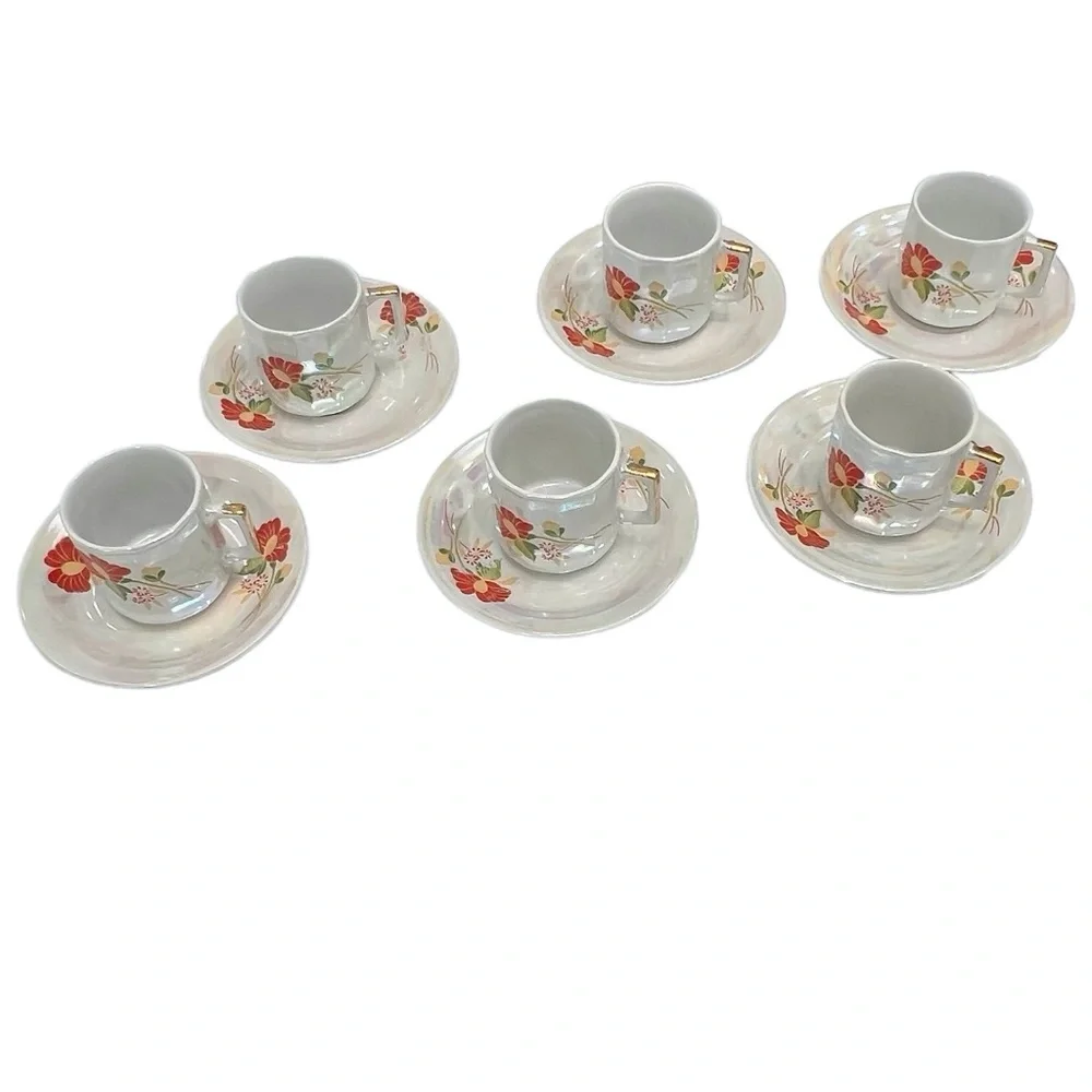 VINTAGE WAHBEH OF CHINA RED FLORAL LUSTERWARE CUPS & SAUCERS - SET OF 6